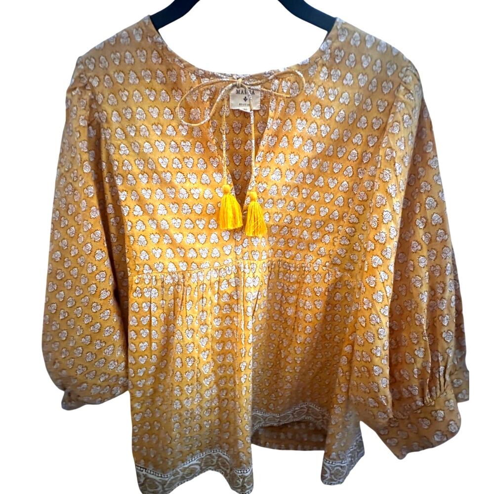 MAREA Mustard Cotton Boho Tassel Peasant Blouse